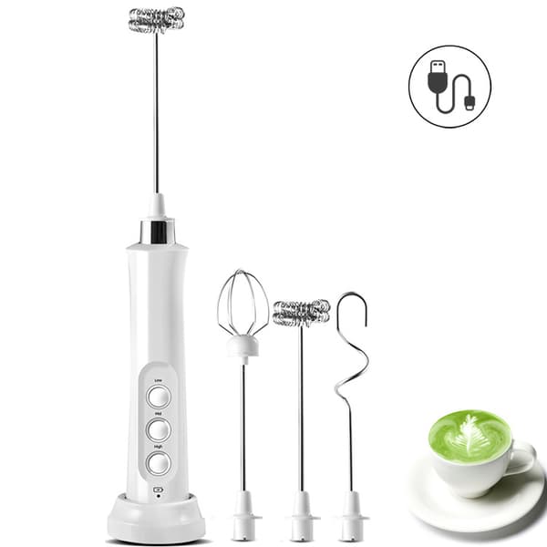 Melkeskummer, USB-oppladbar blender med 3 visper (Hvit)