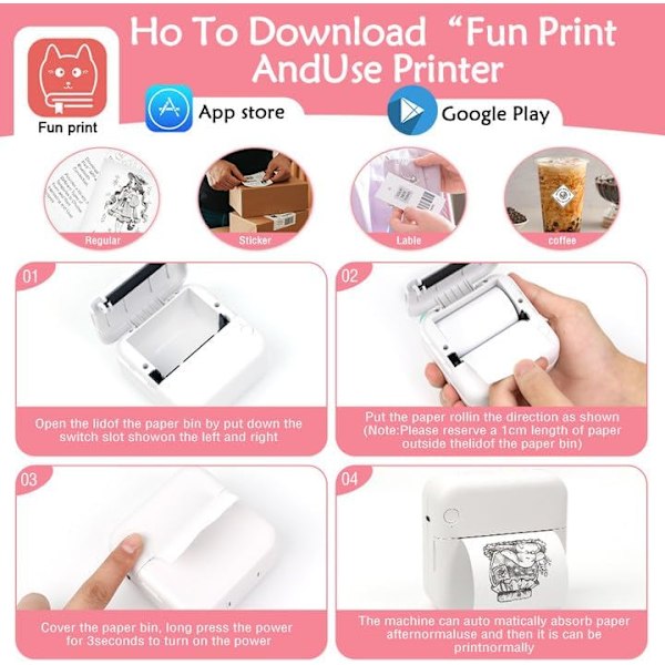 Mini Bærbar Bluetooth Lommeprinter til iPhone med 13 Ruller Papir til Noter, Fotos, Stickers, Etiketter, Kvitteringer - Pink