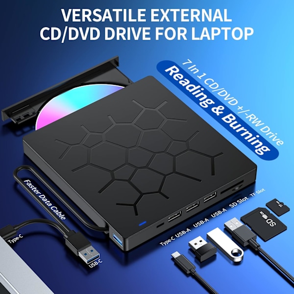 Ekstern CD/DVD-stasjon for bærbar PC, 7 I 1 USB 3.0 Ultra-slank bærbar DVD-spiller
