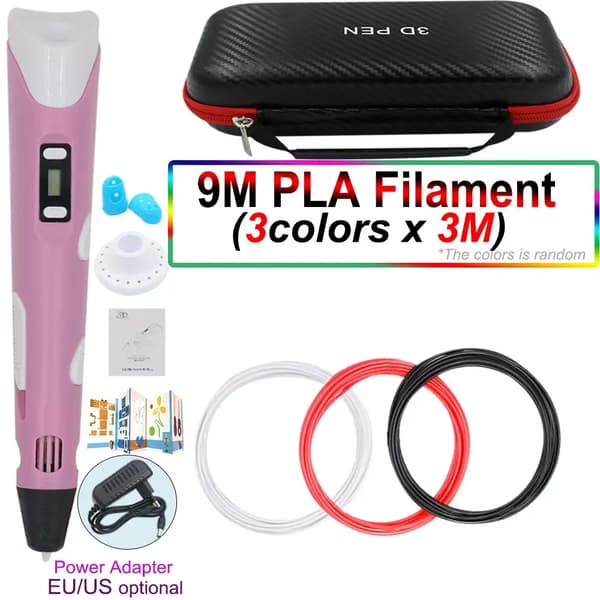 3D-penn med 9 meter PLA-filament og oppbevaringspose (rosa)