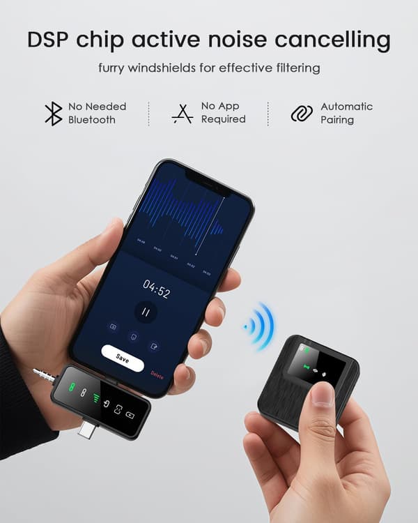 Lavalier Mikrofon 3 I 1 Trådløs Støjreduktion Plug And Play Til Iphone, Android, Kamera