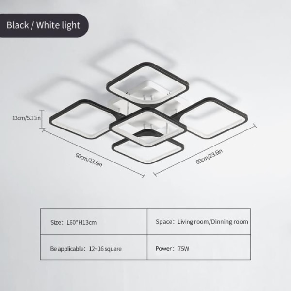 DELAVEEK Modern LED-takljus Fyrkantig Svart 75W 220V Coolt Vitt Ljus 6500K för vardagsrum, sovrum, arbetsrum