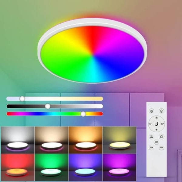 DELAVEEK Dimbar LED Taklampa 24W RGB 6 Färger, Vattentät Belysning Fjärrkontroll Taklampa för Vardagsrum Badrum Kök
