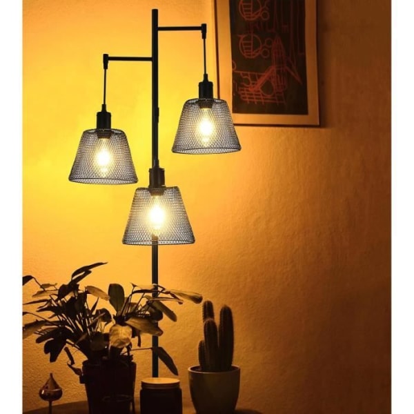 DELAVEEK Golvlampa för vardagsrum, 3 lampskärmar i metall, industriell stil, för vardagsrum, sovrum och kontor, 170 cm, svart