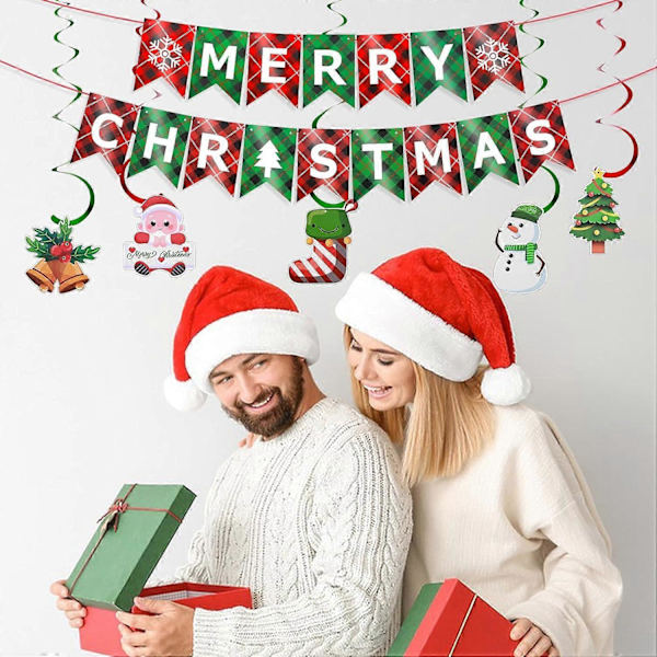 God Jul Banner, Röd Grön Rutig Julbanner med Spiralband Inomhus Julskyltar Jul