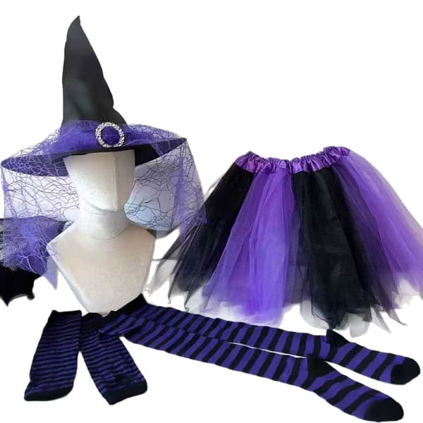 Heksekostume til kvinder 4 dele, gotisk heksehat, tylskørt, stribede knæstrømper og armvarmere til fest og cosplay Black