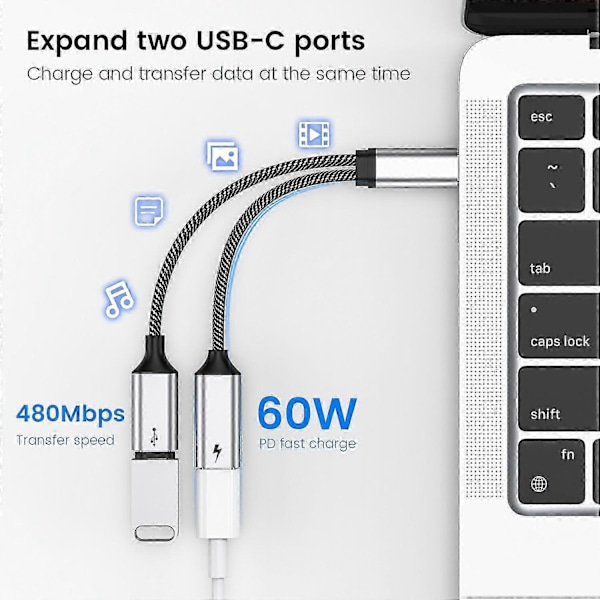 Type-C Hane till Dubbel USB C Hona Splitter Hub med PD 60W Snabbladdning