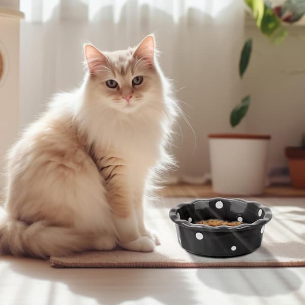 Kat Basic Skål, Hvid Polka Dot Keramisk Kæledyrsskål, Skridsikkert Bunddesign til Killinger og Små Hunde, Sort