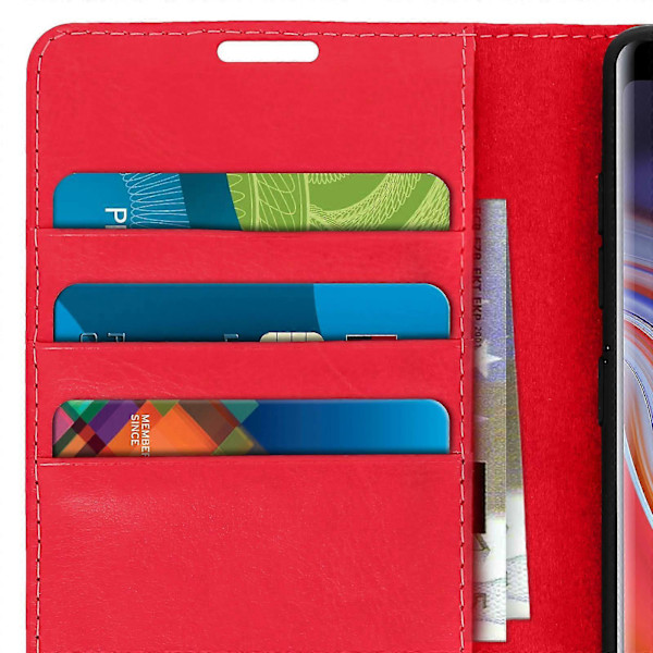 Folio Äkta Läder Galaxy Note 9 Fodral Korthållare Videoställ GS Red