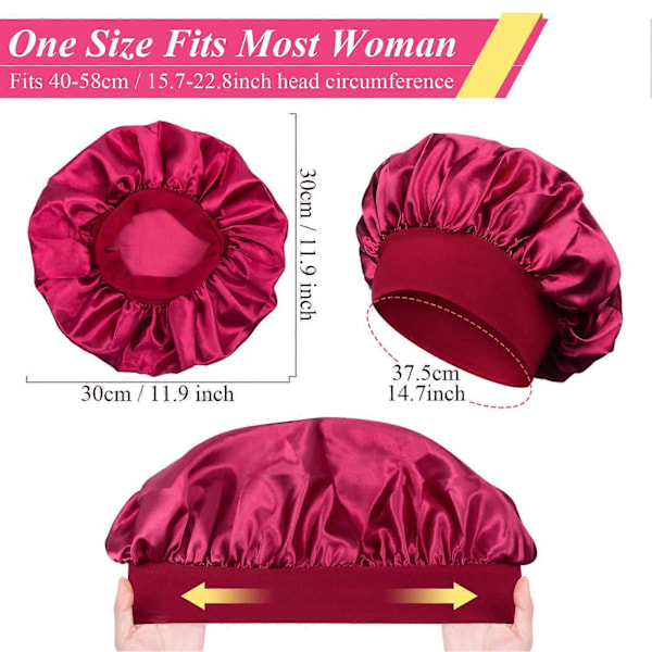 2-pack Sovmössa Satin Bonnet Natthuva Justerbar Sovmössa Huvudbonad Mjuk Huvudmössa Siden med Elastiskt Band för Kvinnor och Flickor (Svart, Röd)