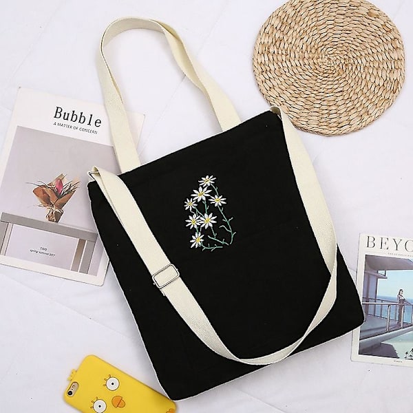 Håndtaske Stor Dame Skuldertaske Shopper Taske Dame Canvas Tote Shoppingtasker Fløjlsbukser Dame Håndtaske Crossbody Bogtasker til Pigestuderende (Sort)