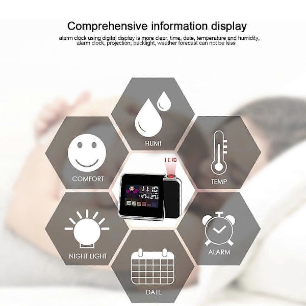 Kreativ Färg LCD Digital Projektions Väckarklocka Temperatur Termometer Luftfuktighet Hygrometer Skrivbord LED Tid Projektor Kalender Black