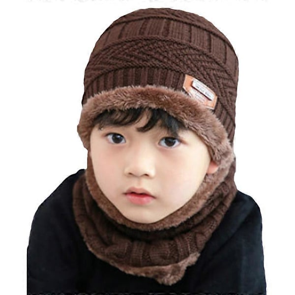 Barn Pojkar Flickor Fleecefodrad Mössa Cirkelscarf Set Stickad Mössa Khaki
