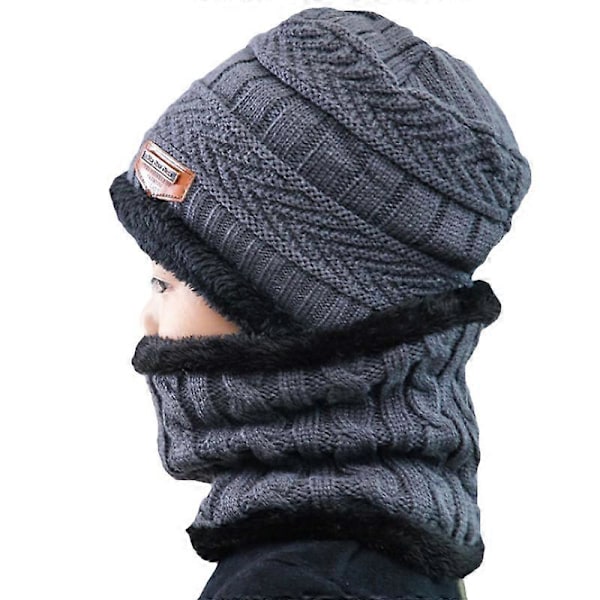 Barn Pojkar Flickor Fleecefodrad Mössa Cirkelscarf Set Stickad Mössa Grey