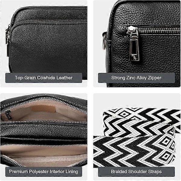 Axelväska i Läder Dam Svart Crossbody Väska Dam Bred Rem Liten Axelväska Dam med 2 Breda Axelremmar Crossbag Axelväska Dam GS