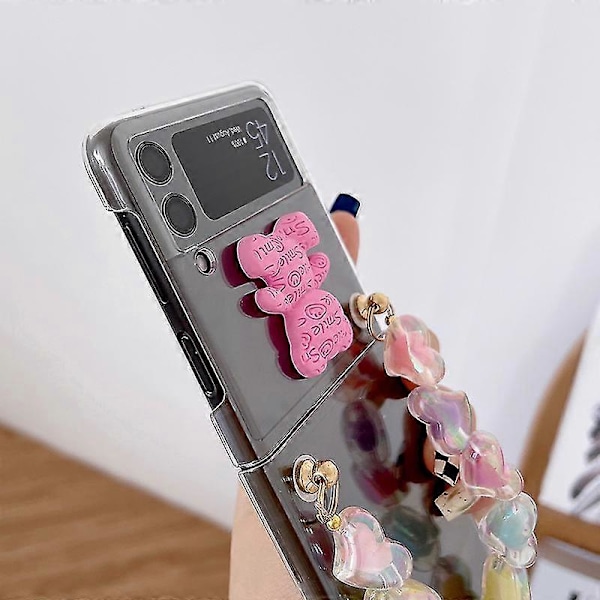 Söpö 3D-karhukotelo yhteensopiva Samsung Galaxy Z Flip 4:n kanssa, kova PC-suojakuori sydänrannekorulla Green