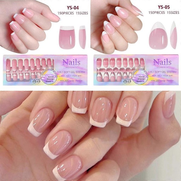 Mjuka Gel Nagelspetsar, Fransk Manikyr Press-On Naglar 14 Storlekar 3 i 1 X Coat Spetsar med Förapplicerad Spetsprimer & Baslack 2