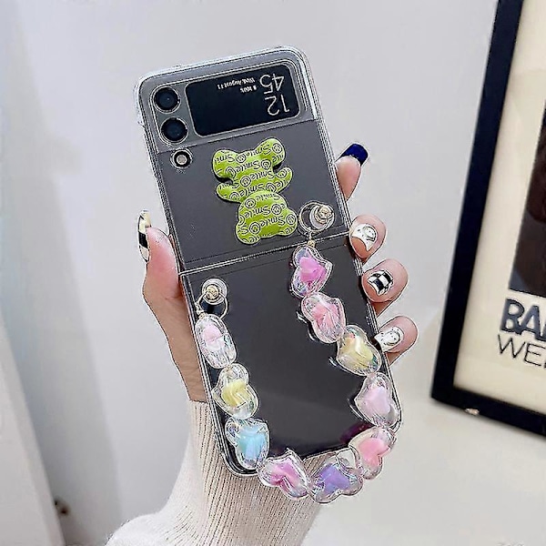Söpö 3D-karhukotelo yhteensopiva Samsung Galaxy Z Flip 4:n kanssa, kova PC-suojakuori sydänrannekorulla Green