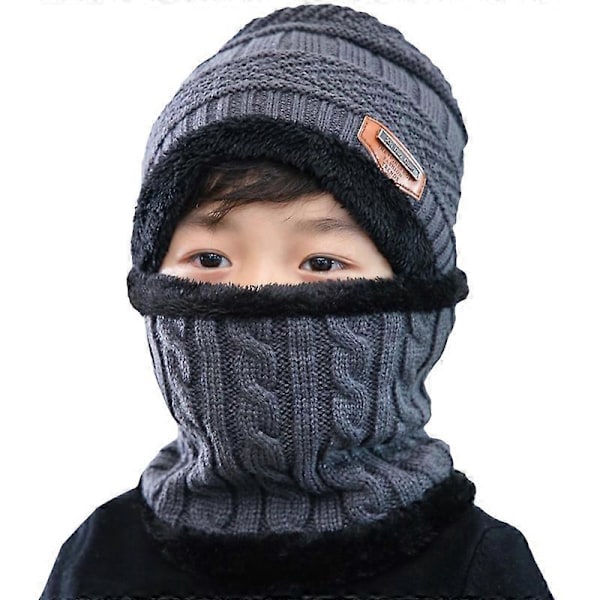 Barn Pojkar Flickor Fleecefodrad Mössa Cirkelscarf Set Stickad Mössa Grey