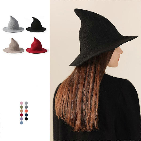 Halloween Heksehat Troldmandshat Dame Bredskygget Spir Sort Uld Strikket Hue Karneval Party Cosplay Black