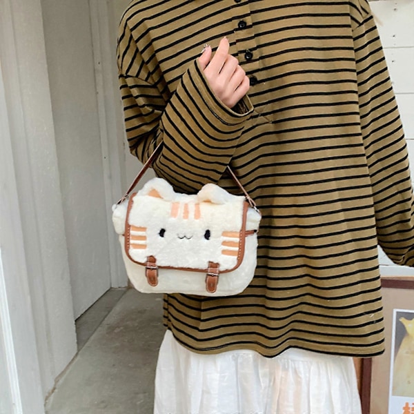 Trendig Crossbody-väska för Kvinnor Tecknad Väska Härlig Messenger-väska Plysch Handväska Katter Axelväska Shopping Dejtingväska Vit GS Khaki