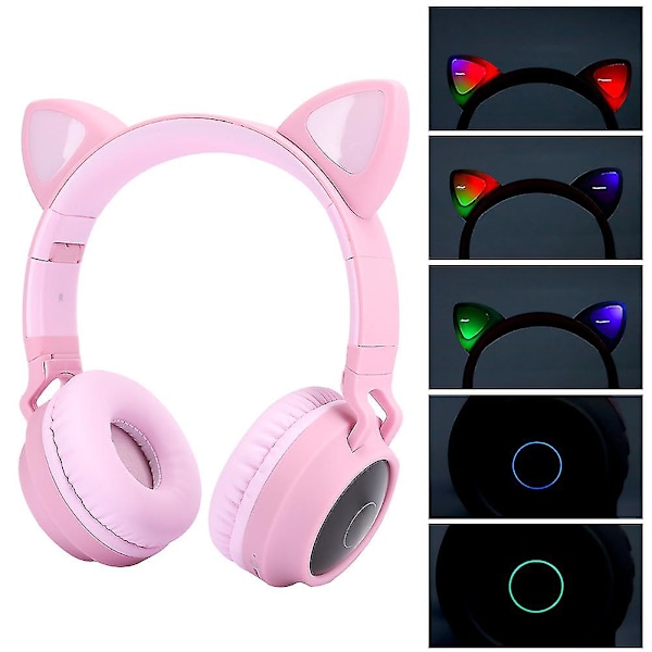 Bluetooth 5.0 Kattöron Hörlurar - Rosa, LED, Brusreducering, Stöd för Minneskort
