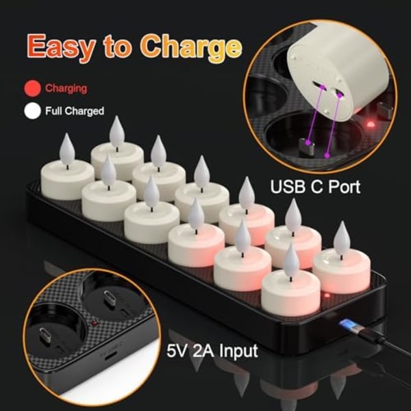 PChero Uppladdningsbara LED Värmeljus 12-pack - Fjärrkontroll & Timer för Fest/Dekoration 12 st med laddningsbas GS 12pcs with charging base -