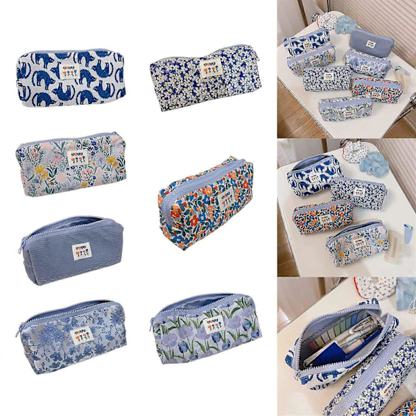 Necessärer Blommig Sminkväska Organizer Pennfodral för Personlig Vård Skönhet Stor Kapacitet Pennskrin för Flicka tulpan blå GS Blue and green flowe