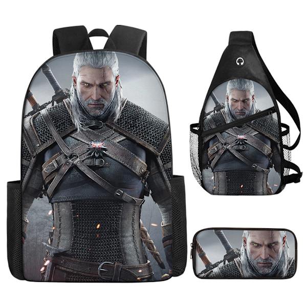 3 stk./sæt Witcher Geralt trykt sæt med skuldertaske, etui, skoletaske, rejsedagstaske, letvægtsbogtasker