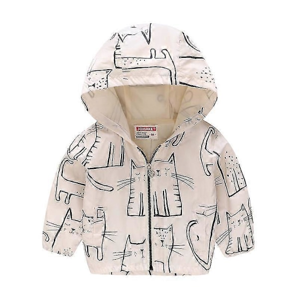 Barn Pojkar Flickor Tryckt Hooded Dragkedja Kappa Jacka Vindjacka Ytterkläder 2-8 År Beige Cat 6-7 Years