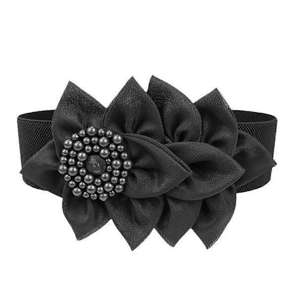 Elastiskt midjebälte för kvinnor med blomdekoration, midjeband, modeaccessoar Black 85cm