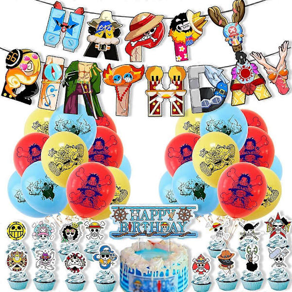 One Piece -syntymäpäiväjuhlakoristesetti pääkallo vetää lippuviirin kakun sisäänvientilippuviirin palloyhdistelmä syntymäpäiväkoristeet style A