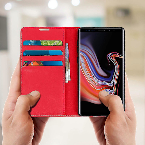Folio Äkta Läder Galaxy Note 9 Fodral Korthållare Videoställ GS Red