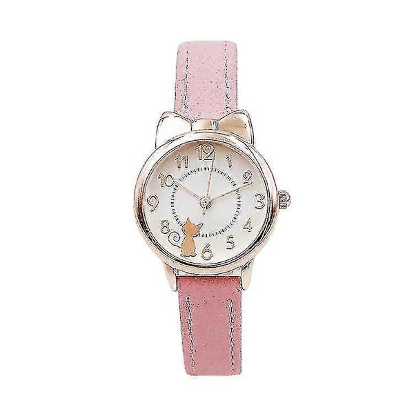 Barnklockor Söt Kattdesign Kvarts Armbandsur Läderrem Analog Kvarts Armbandsur För Flickor Studenter GS