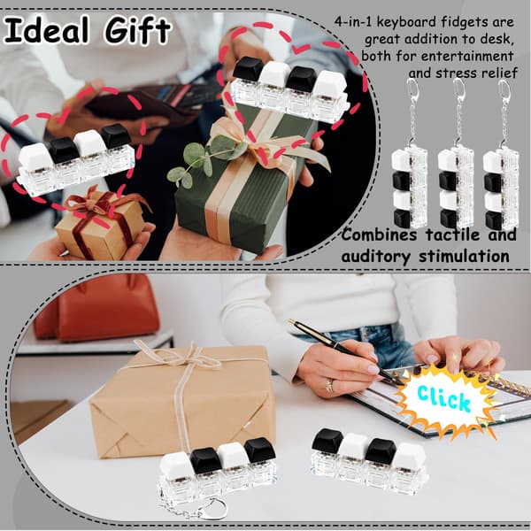 Tangentbords-Fidget-Nyckelring, 3-pack 4-i-1 Klicker, Fingerdekompression, Stresslindring, Alla hjärtans dag-present, Bärbar Tyst Black White
