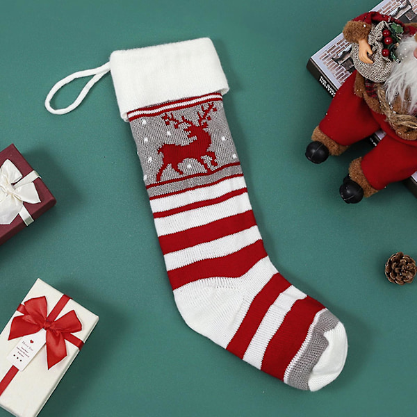 Julklappspåse Stickning Stor Storlek Bred Öppning Randig Återanvändbar Scenlayout Rivtålig Hängande Julgran Tomte Snögubbar Älg Dekor A