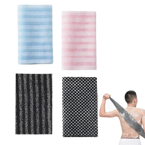 4 stk. eksfolierende badehåndklæde i polyester, blødt og elastisk dobbeltsidet rygskrubber til brusebad, kan tørre hurtigt efter brug
