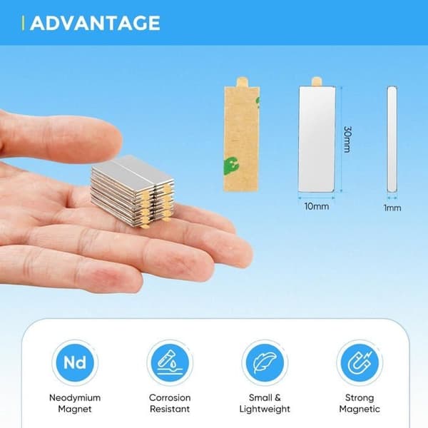 20 kraftfulla självhäftande magneter 30x10x1mm, platta självhäftande magneter i par, rektangulära neodymmagneter