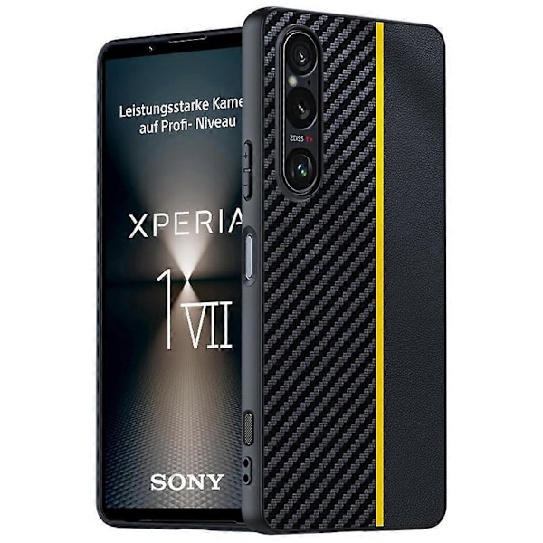 Sony Xperia 1 VII -kotelo nahkaa + PC kova puhelinkuori hiilikuitukuvio GS Multicolor Black/ Yellow