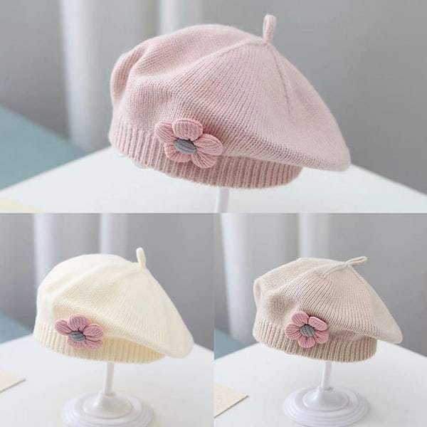 Blomma Baby Basker Hatt Enfärgad Vinter Varm Stickad Mössa Ca GS Beige