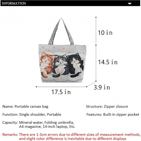 AVEKI Canvas Tote Bag för kvinnor, återanvändbar shoppingväska, bärbar axelväska, skolväska, vit-1 GS