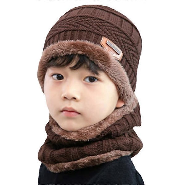Barn Pojkar Flickor Fleecefodrad Mössa Cirkelscarf Set Stickad Mössa Khaki