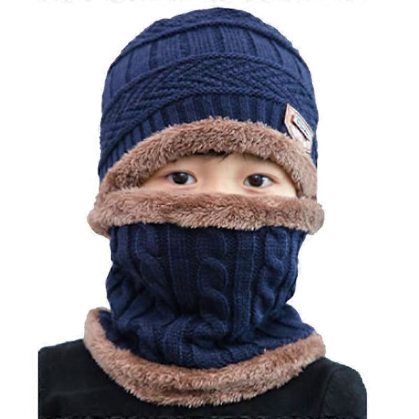 Barn Pojkar Flickor Fleecefodrad Mössa Cirkelscarf Set Stickad Mössa Navy