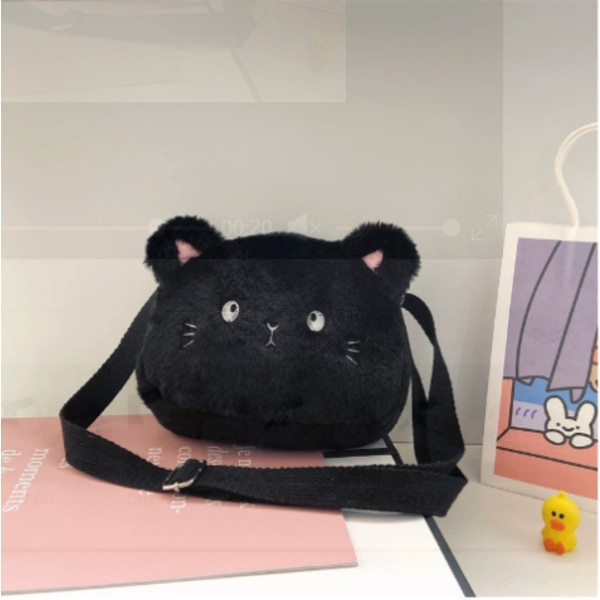 Kattformad axelväska för flickor, kattformad design, justerbar axelrem, plyschaxelväska för barn, kattformad myntväska för flickträffar GS Black