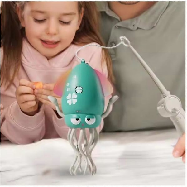 Elektrisk Automatisk Hinderundvikande Bläckfisk, Interaktiv Självdansande Bläckfisk Krypande Bläckfisk Leksak med LED-lampor & Musik Green With Fishing Rod