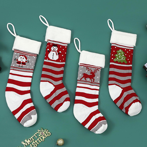 Julklappspåse Stickning Stor Storlek Bred Öppning Randig Återanvändbar Scenlayout Rivtålig Hängande Julgran Tomte Snögubbar Älg Dekor A