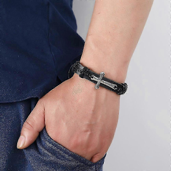 Fashion Christian Cross Läder Armband Med Dragsko Handgjort Justerbart Omlott Armband Manschett För Män Gåvor SL008-D silver