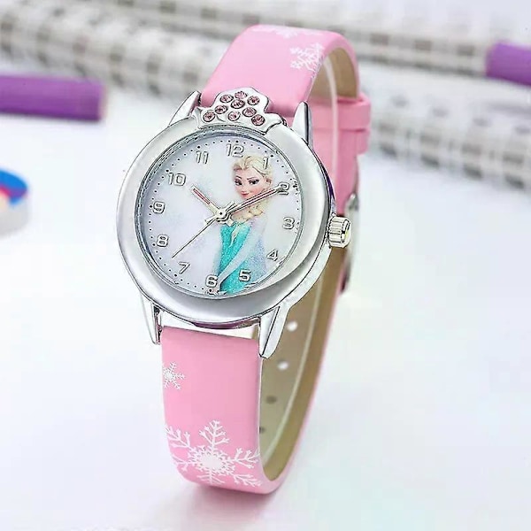 Prinsessa Barnklocka Äkta Läderarmband Söt Tecknad Barnklocka Present GS Pink