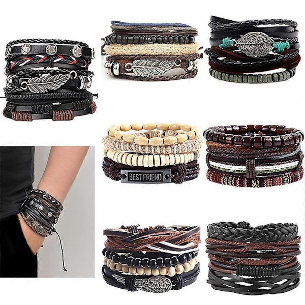 Herrarmband Justerbara Handgjorda Flersträngade Flätade Armband i Kohudsläder Vävda Läderarmband Träpärlor Armband (1 set med 5 st)