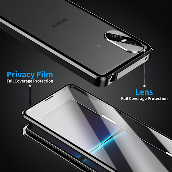 For Sony Xperia 10 VI Tempered Glass Case Metal Frame Clear PC Back Magnetic Phone Case - Black